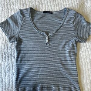 Brandy Melville Navy and White Striped Ribbed Henley Tee